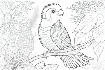 Fototapeta na wymiar Cute Parrot Coloring Page, Tropical Treasures: Printable colouring sheets for parrots