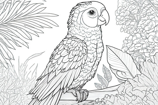 Beautiful Parrot Coloring Page, Rainbow feathers: Beautiful parrot drawings to colour in
