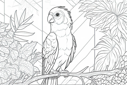 Parrot Coloring Page, Beautiful coloring for adults and kids, perfect for relaxing time
