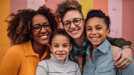 Obraz premium An image of a loving LGBT family, with two lesbian parents and their children, smiling and embracing each other, against a warm and welcoming background. Generative AI