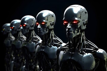 Group of evil, hostile metallic robots, concept of artificial intelligence control over human. Generative AI
