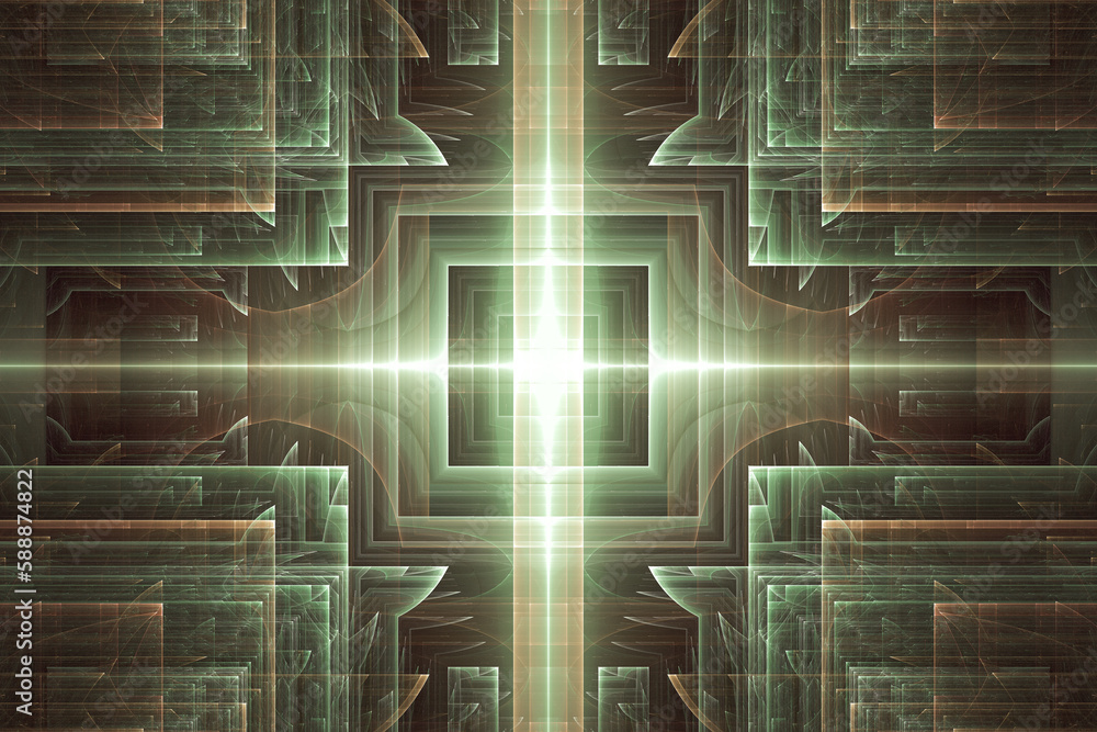 Poster green orange glowing pattern of curved shapes and rays on a black background. abstract fractal 3d re