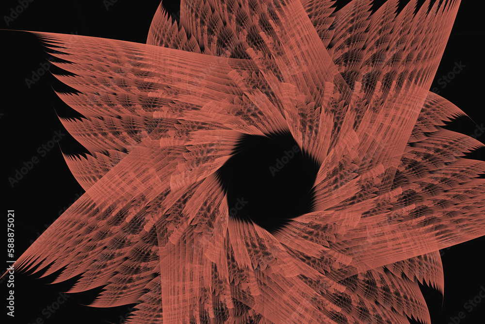 Poster orange floral pattern of crooked waves on a black background. abstract fractal 3d rendering