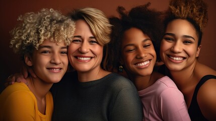 Fototapeta premium An image of a loving LGBT family, with two lesbian parents and their children, smiling and embracing each other, against a warm and welcoming background. Generative AI