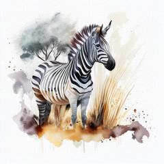 Fototapeta na wymiar Watercolor portrait drawing of a Zebra. Generative AI