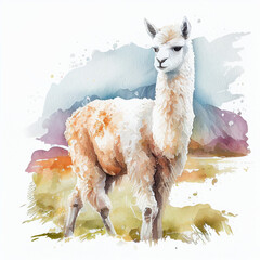 Fototapeta premium Watercolor portrait drawing of a Alpaca. Generative AI