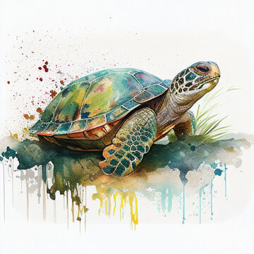 Watercolor portrait drawing of a Turtle. Generative AI