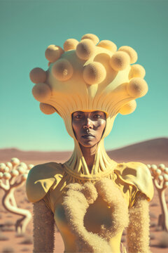 Futuristic Fungi Priestess: Portrait of a Black Humanoid in a Mushroom Desert