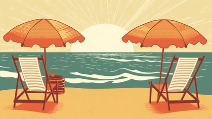Fototapeta na wymiar Summer Beach Scene with Chairs and Umbrella, generative AI