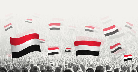 Fototapeta na wymiar Abstract crowd with flag of Yemen. Peoples protest, revolution, strike and demonstration with flag of Yemen.