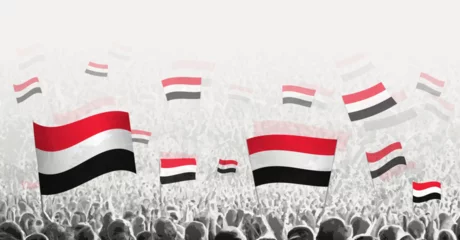 Foto op Plexiglas Abstract crowd with flag of Yemen. Peoples protest, revolution, strike and demonstration with flag of Yemen. © boldg