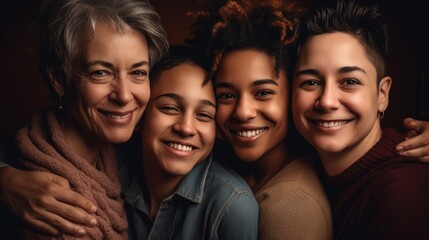 Obraz premium An image of a loving LGBT family, with two lesbian parents and their children, smiling and embracing each other, against a warm and welcoming background. Generative AI