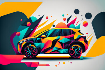 Abstract illustration of electric car with geometric shapes and bright colors. Modern graphic style creating a feeling of innovation and technology. Generative AI