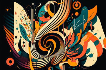 A bold and colorful abstract illustration to represent the emotional power of music. Swirling shapes and bright colors to capture the imagination. Generative AI