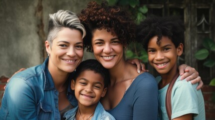 Fototapeta premium An image of a loving LGBT family, with two lesbian parents and their children, smiling and embracing each other, against a warm and welcoming background. Generative AI