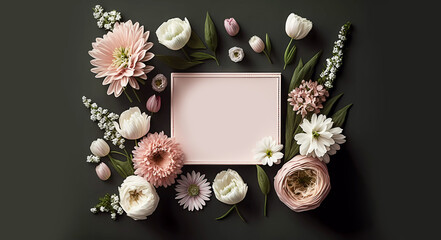 Flowers. flowers on a green background. Frame. Postcard with flowers. Place for text. Generative AI