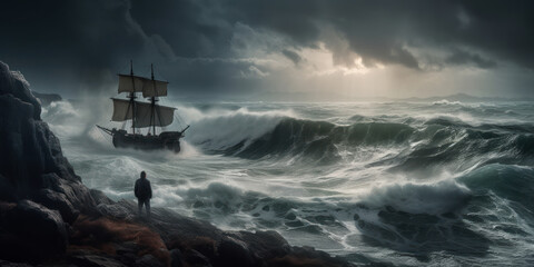 Stormy Seas: A Sailor's Struggle. Sailing ship battling stormy sea and man. Generative AI - obrazy, fototapety, plakaty
