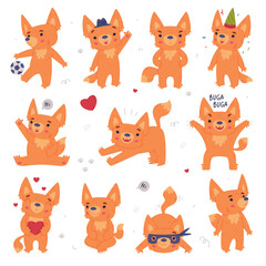 Cute Fennec Fox with Red Coat and Large Ears Engaged in Different Activity Vector Set