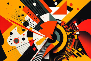 Abstraction of time travel shown with modern, colorful geometric shapes. Bright red, yellow, and blue hues emphasize form, color, and futurism. Generative AI