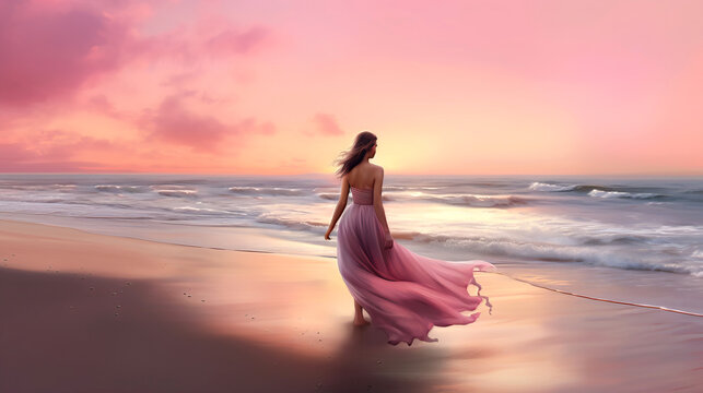 A girl in a long pink dress walks near the sea