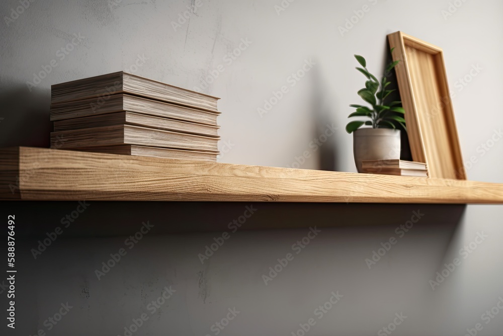 Poster mock up of a shelf with a wood grain. generative ai
