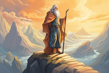 Fototapeta premium Moses on the mountain preaching. Orthodox christian catholic and jewish bible important religious figure or prophet. Ai generated