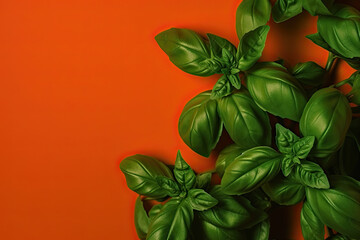 Basil leaves on red background with copy space, Generative AI