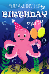 A card or poster invitation to birthday party with cartoon pink octopus holding balloons , vector illustration