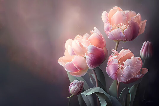 Flowers. Gently pink tulips on an abstract background. Generative AI