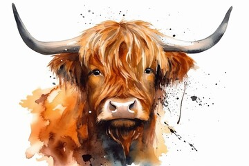 Highland Cow Watercolor. Generative AI