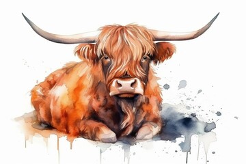 Highland Cow Watercolor. Generative AI