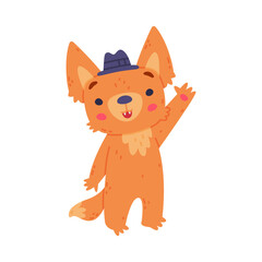Cute Fennec Fox with Red Coat and Large Ears in Hat Waving Paw Vector Illustration
