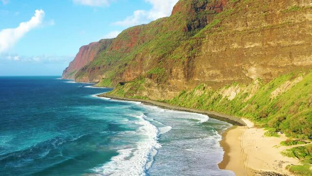 Aerial view of the cliffs of the Na Pali coast, Polihale State Park, Kauai, Hawaii, United States.
