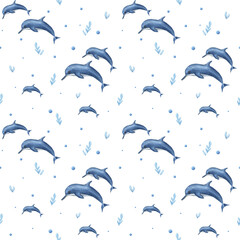Watercolor underwater seamless pattern of cartoon dolphins isolated on white background. Aquatic illustration for kids room decor, kids print, poster, wallpaper, wrapping