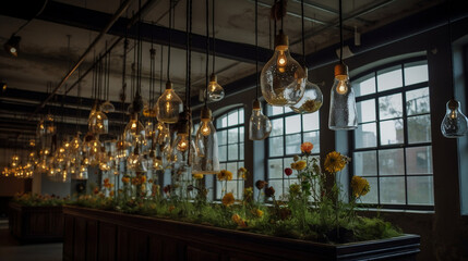 Florariums with flowers and stones hang among the Edison blubls lamps from the ceiling and mirroring in window. Decor. Reception. Generative AI.