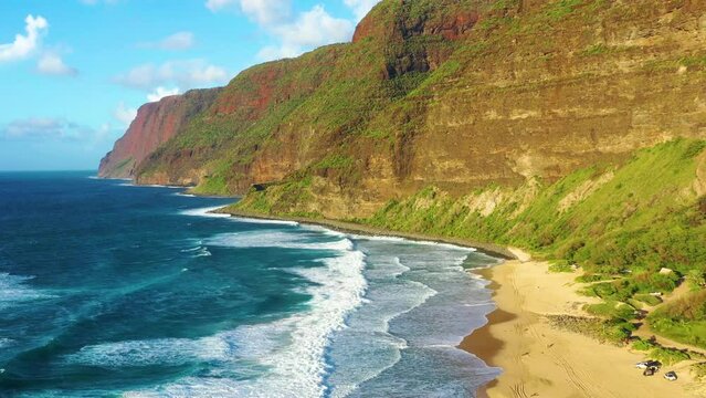 Aerial view of the cliffs of the Na Pali coast, Polihale State Park, Kauai, Hawaii, United States.