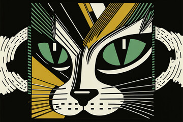A bold and edgy illustration of a cat using geometric shapes and a limited color palette that creates a striking and eye-catching image. Generative AI
