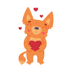 Cute Fennec Fox with Red Coat and Large Ears Holding Heart Feeling Love Vector Illustration