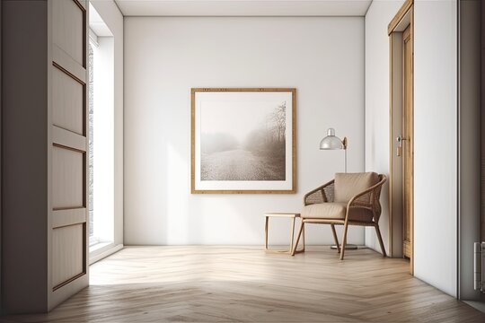 White wall in a home interior with hardwood lath and a white poster frame. picture frame is empty. free room for material, images, or information. Generative AI