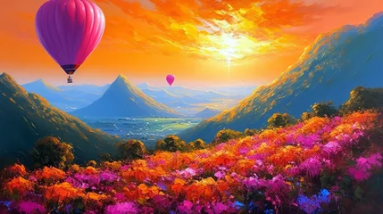 Vlies Fototapete Backstein captivating summer landscape featuring a fuchsia and coral red hot air balloon soaring (created with Generative AI)