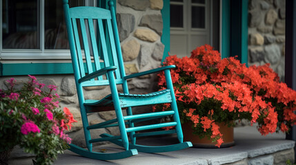 beautiful summer porch decorated with hanging fuchsia and coral red flowers, a turquoise rocking chair (created with Generative AI) - obrazy, fototapety, plakaty