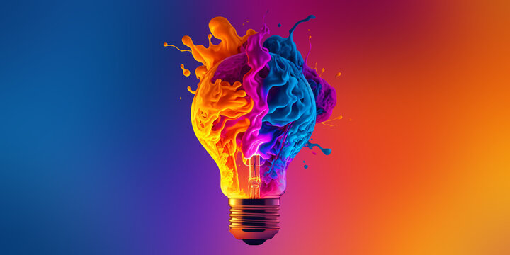 a colorful glowing idea bulb lamp, visualization of brainstorming, bright idea and creative thinking, copy space, generative ai