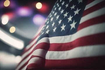 Fototapeta na wymiar AI generated closeup of grunge vintage dark american flag blowing wind at USA independence day