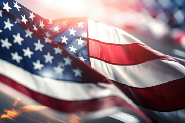 Fototapeta na wymiar AI generated closeup of grunge vintage dark american flag blowing wind at USA independence day