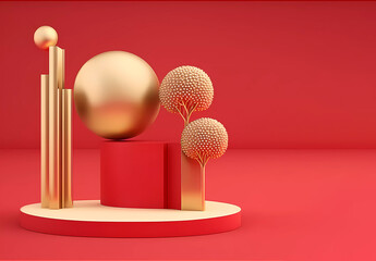 Christmas. Pedestal with geometric decor for Christmas. Geometric golden trees. Red background. Banner. Generative AI