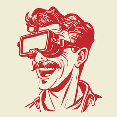 funny retro cartoon illustration of a man wearing VR glasses