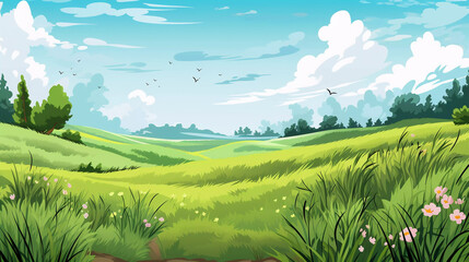 Obraz premium Grassland cartoon illustration, generative ai