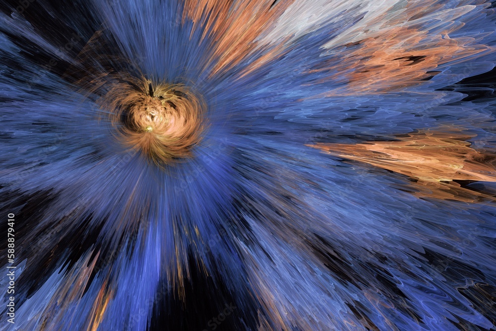 Poster blue orange pattern of crooked waves on a black background. abstract fractal 3d rendering