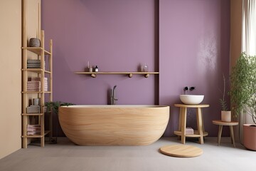 Purple and beige colors dominate this simple Japandi bathroom. Mirror, bathtub, and washbasin made of marble and wood. design of a farmhouse interior. Generative AI