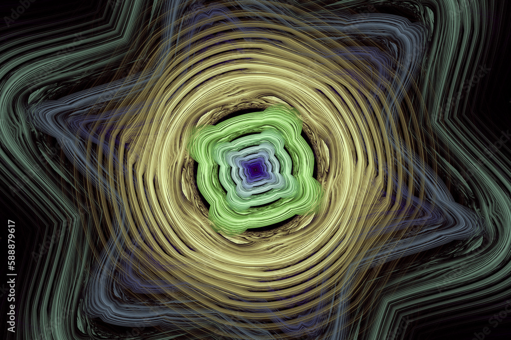 Poster yellow green pattern of crooked waves on a black background. abstract fractal 3d rendering